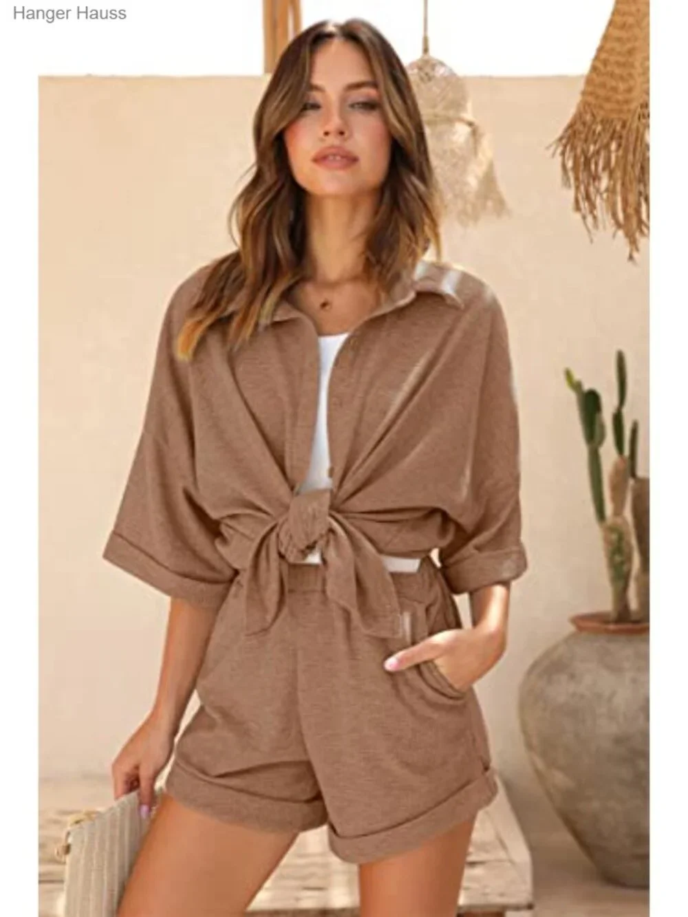 Waffle Knit Lounge Set for Women Short Sleeve Pajama Shorts Set